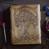 Journal en cuir véritable vintage, arbre de vie, grimoire à sept pierres, carnet avec bordure irrégulière pour sorcières, sorts mystiques