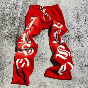 Pantalones de chándal acampanados informales para hombre con bordado de parche personalizado, pantalones para correr de algodón y lavado ácido, diseño holgado con cordón - Product Image 2