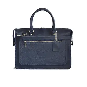 Best Quality Laptop Bags In Blue Color Leather Made With Hand Strap Multi Pockets Laptop Bags