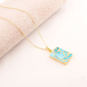 Joyería personalizada Mohave azul cobre turquesa cadena collar Latón chapado en oro forma de rectángulo colgante collares celestiales - Product Image 1