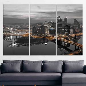 Arte en lienzo del horizonte nocturno de Pittsburgh: impresión del paisaje urbano de Pensilvania, juego de 3 lienzos - Product Image 1