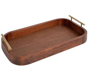 Élégant plateau de service en bois rectangulaire au design personnalisé avec poignées en métal doré plateau de présentation en bois décoratif à bords arrondis - Product Image 1