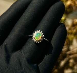 Women's 925 Sterling <b>Silver</b> Cocktail <b>Ring</b> with Round Brilliant Cut Diamond and Prong Set <b>Opal</b> Rhodium Plated Minimalist Design - Product Image 1