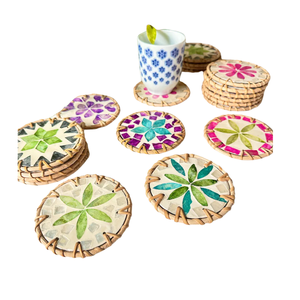 Hand woven <b>Coaster</b> Rattan Capiz <b>Coaster</b> and holder Mother of pearl Inlay Round <b>Coaster</b> Rustic Tableware Handmade Lacquer - Product Image 1