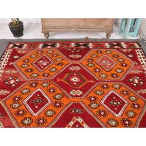 Alfombra Turca Vintage, Alfombra Kilim de 6x10.6 pies, Alfombra de Lana a Rayas Roja y Naranja - Product Image 3
