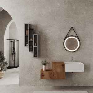 Conjunto de Baño de 140 cm con 3 Cajones en Roble Dorado y Espejo Redondo con Composición de Correa Rota - Product Image 2