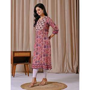 Kurti Recto con Estampado Floral Rosa, Vestido de Algodón Moderno con Estampado Floral - Product Image 6