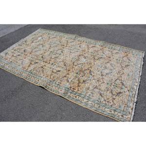 พรมตุรกีวินเทจขนาดใหญ่สีเบจสีเขียวผ้าขนสัตว์ลาเท็กซ์5x8.4ft รูปแบบการเย็บปะติดปะต่อกันสี่เหลี่ยมผืนผ้าออกแบบทาบริซสำหรับวัยรุ่นพรมห้อง - Product Image 4