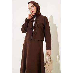 กระโปรงแจ็กเก็ตแบบผูกเชือกด้านหน้าชุด2ชิ้นสีน้ำตาล - Product Image 2