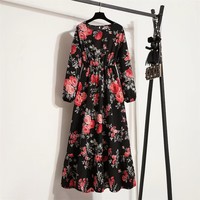 Robes longues décontractées pour femmes, printemps-été, imprimées de fleurs, manches longues, col rond, style bohème, plage, soirée, robe longue Mujer Vestidos