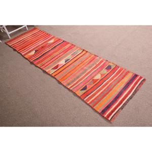 Turkish Vintage <b>Wool</b> Rug 2.7x9.1 ft (82x278 Cm) Patchwork Eco-Friendly Latex Backing Moroccan Rug in <b>Red</b> & Purple - Product Image 3