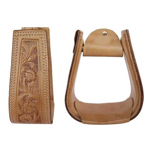 Étriers de selle de cheval Western de qualité supérieure 5 "de large Floral usiné Tan cuir recouvert d'étriers d'équitation robustes Sentier équestre - Product Image 1