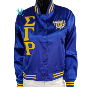 Wholesale Sigma Gamma Rho Stylish Satin Jacket Rib <b>Stand</b> Collar High Street Design Winter Bomber One Layer Polyester Coated - Product Image 3