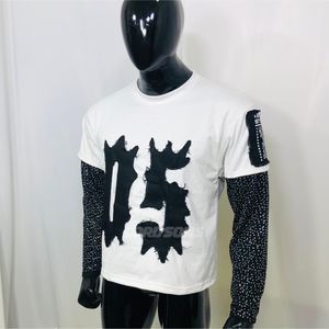 Camiseta personalizada con diamantes de imitación Vintage para hombre 100% algodón de alta calidad estilo cuadrado desgastado doble capa de manga larga - Product Image 1