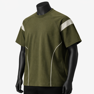 Camiseta Personalizada Extra Grande con Ribete en Contraste para Hombre, Color Verde Oliva, Estilo Raglán, Streetwear, Algodón, Manga Corta, Casual, Moda - Product Image 2