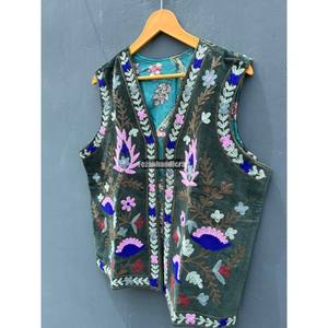 <b>Women's</b> Floral Embroidery Velvet Short Vest Open Stitch Winter <b>Waistcoat</b> with Fabric Accessories <b>for</b> Party Wear and Outer Wear - Product Image 4