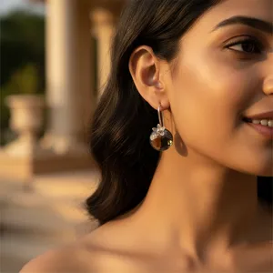 Boucles d'oreilles pendantes en argent plaqué or 18 carats avec quartz fumé, zircon et perle - pour les mariages et les fêtes - Product Image 3