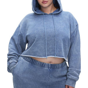 Pull à capuche tendance pour femmes, effet délavé, coupe courte, manches longues tombantes, ourlet coupé, broderie 3D personnalisée - Product Image 5