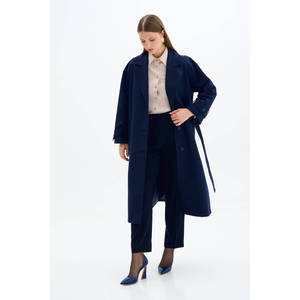 Manteau Trench Croisé Bleu Marine avec Épaulettes en Cuir Décontracté Grande Taille pour Automne Hiver - Product Image 1
