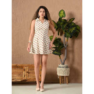 Robe Bohème Femme Coupe Trapèze Col en V Imprimé Floral Taille Naturelle Entièrement Doublée 100% Coton Mini Lavable Respirante Vêtement d'Été - Product Image 5