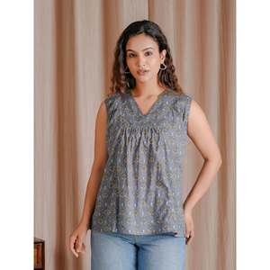 Grey Butti Cotton Mulmul Top Breathable Block Printed Woven Cotton Short Top - Product Image 4