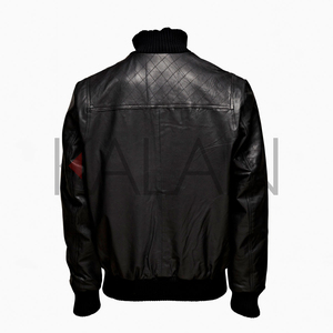 Veste en cuir de mouton tendance printemps pour homme en toile noire avec col montant côtelé et col montant tanné - Product Image 2