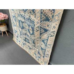 Alfombra de 4.5x6.4 pies, Alfombra Turca Vintage, Alfombra de Lana con Rayas Azules - Product Image 2