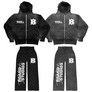 Sweat-shirt à capuche court personnalisé avec impression sérigraphique, délavage à l'acide, entièrement recouvert de strass, pantalon de survêtement évasé pour homme, sweat-shirt en coton - Product Image 5