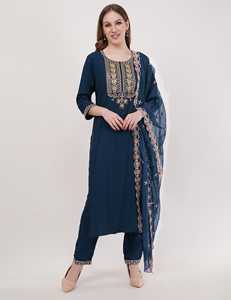 Bulk Supply Women Reyon Slub Coding Embroidery <b>Suit</b> Set <b>Purple</b> Rama Colors Premium Ethnic Wear For Retailers High Margin Stock - Product Image 1