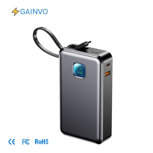 PD 45W Fast Charging Power Bank with Built-in Type-C Cable and USB-A Port