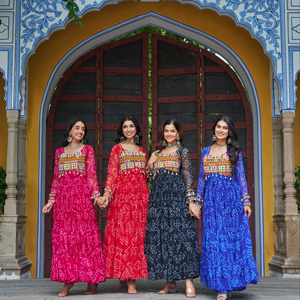 Women's Latest Beautiful Bandhani Print and Kutchi <b>Patchwork</b> in Faux Georgette Made From Viscose Collections - Product Image 1