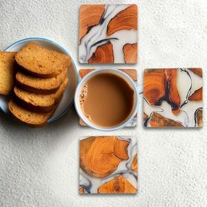 Modern Luxury Wood Holder Round Square <b>Wooden</b> Printed Tea Coasters Set of 4 Pcs <b>for</b> Home Office <b>Table</b> Use - Product Image 2