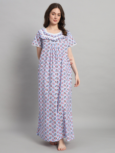 Chemise de nuit en dentelle 100% coton pour femmes, manches courtes, longueur totale, tissu respirant, imprimé floral au col, élégante, printemps automne - Product Image 3
