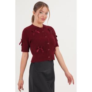 Wholesale Women's <b>Burgundy</b> Short Sleeve Knitted <b>Cardigan</b> Bow Ribbon Design - Product Image 4