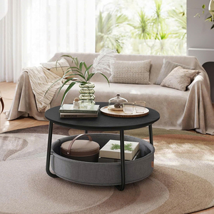 Table basse avec rangement, table ronde centrale pour salon, cadre en métal, noir encre et gris ardoise avec panier en tissu - Product Image 1