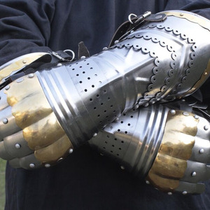 Medieval <b>Silver</b>-Plated Polished Brass Mild Steel Gauntlet Leather <b>Gloves</b> Art & Collectible Metal Crafts - Product Image 3