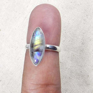 14K Yellow Gold Rainbow Moonstone Gemstone Bezel Set Handmade <b>Statement</b> <b>Ring</b> Marquise Shape 18x6mm IGI Certified 925 Silver - Product Image 2