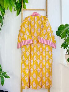 Pure Cotton Indian Block printed House Robe Summer Kimono Beach Coverup Comfy Maternity Fresh Yellow Mustard Pink Stripe - Product Image 6