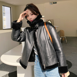 High Quality Women Moto Faux Shearling <b>Brown</b> Lined Leather Jacket Women's Genuine Sheepskin Fur Lining Winter Jacket - Product Image 4