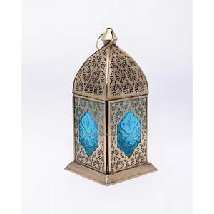 Christmas Decorative Antique Gold Metal Moroccan <b>Candle</b> Lantern with <b>Blue</b> Colored Glass Hanging and Floor Lanterns - Product Image 6