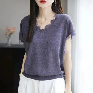 เสื้อยืดลำลองคอวีแขนสั้นเข้ารูปสำหรับผู้หญิงใส่ในฤดูร้อนเสื้อยืดคอวีแขนสั้นลายพิมพ์ดิจิตอลดีไซน์แบบถัก - Product Image 2