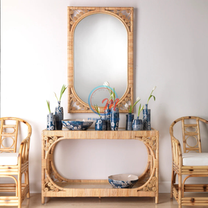 Mesa de centro de ratán en espiral Bohemia hecha a mano, muebles de entrada tejidos únicos modernos, estante inferior, sala de estar de aspecto Natural - Product Image 1