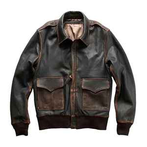 Premium 100% Genuine <b>Leather</b> style vintage Zipper Closure Turn down Collar Cotton Filling <b>Men</b> <b>Leather</b> <b>Jacket</b> - Product Image 4