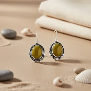 Boucles d'oreilles classiques géométriques ovales en pierre naturelle, plaqué argent antique, bijoux pour femmes, cadeau - Product Image 1