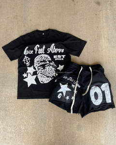 Fabricant de vêtements Logo personnalisé T-shirt graphique délavé à l'acide 100% coton surdimensionné High Street pour hommes Vintage Tees Shorts Set - Product Image 3