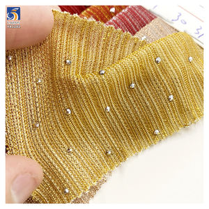 Kain Chiffon Rajut Poliester Bergaris YX1282 yang Sedang Populer dengan Hiasan Berlian Imitasi untuk Kostum Tari Latin, Kain Chiffon Lurex - Product Image 2