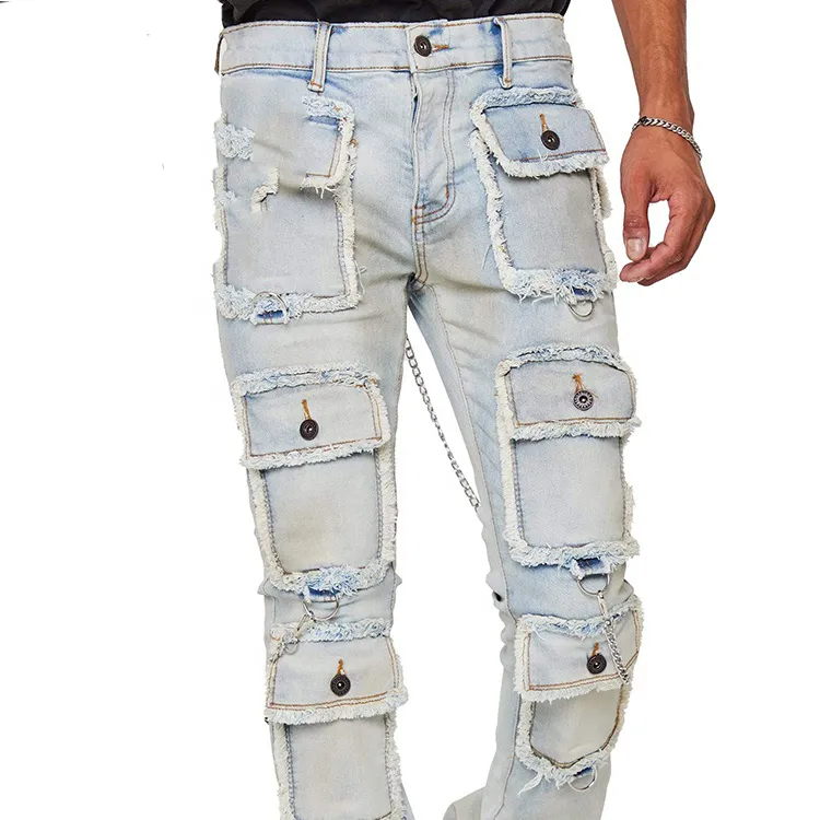 Denim Cargo Jean Pants, High street Fashion Custom Logo Summer Streetwear Slim OEM Stacked Jeanes Men