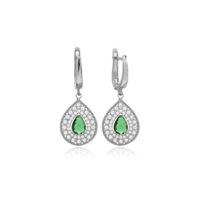 Pear Shape Dangle <b>Earrings</b> <b>Emerald</b> CZ Stone Handcrafted Wholesale Turkish 925 Sterling Silver Jewelry - Product Image 2