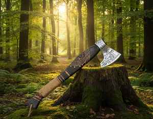 Hacha Vikinga de Acero al Carbono Hecha a Mano, Grado Industrial, con Mango de Madera para Supervivencia al Aire Libre y Camping, con Funda - Product Image 3