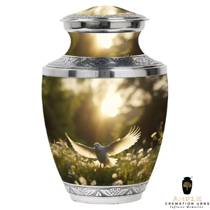 Urne funéraire en aluminium fabriquée à la main Finition enduite Meena Grande capacité de 220 cu Urnes funéraires gravées d'oiseaux dorés de qualité supérieure - Product Image 2